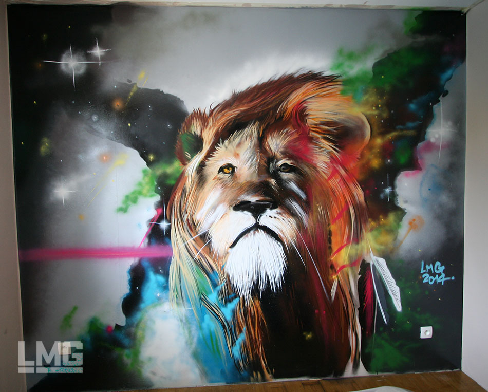 photo décoration graffiti chambre ados avec lion