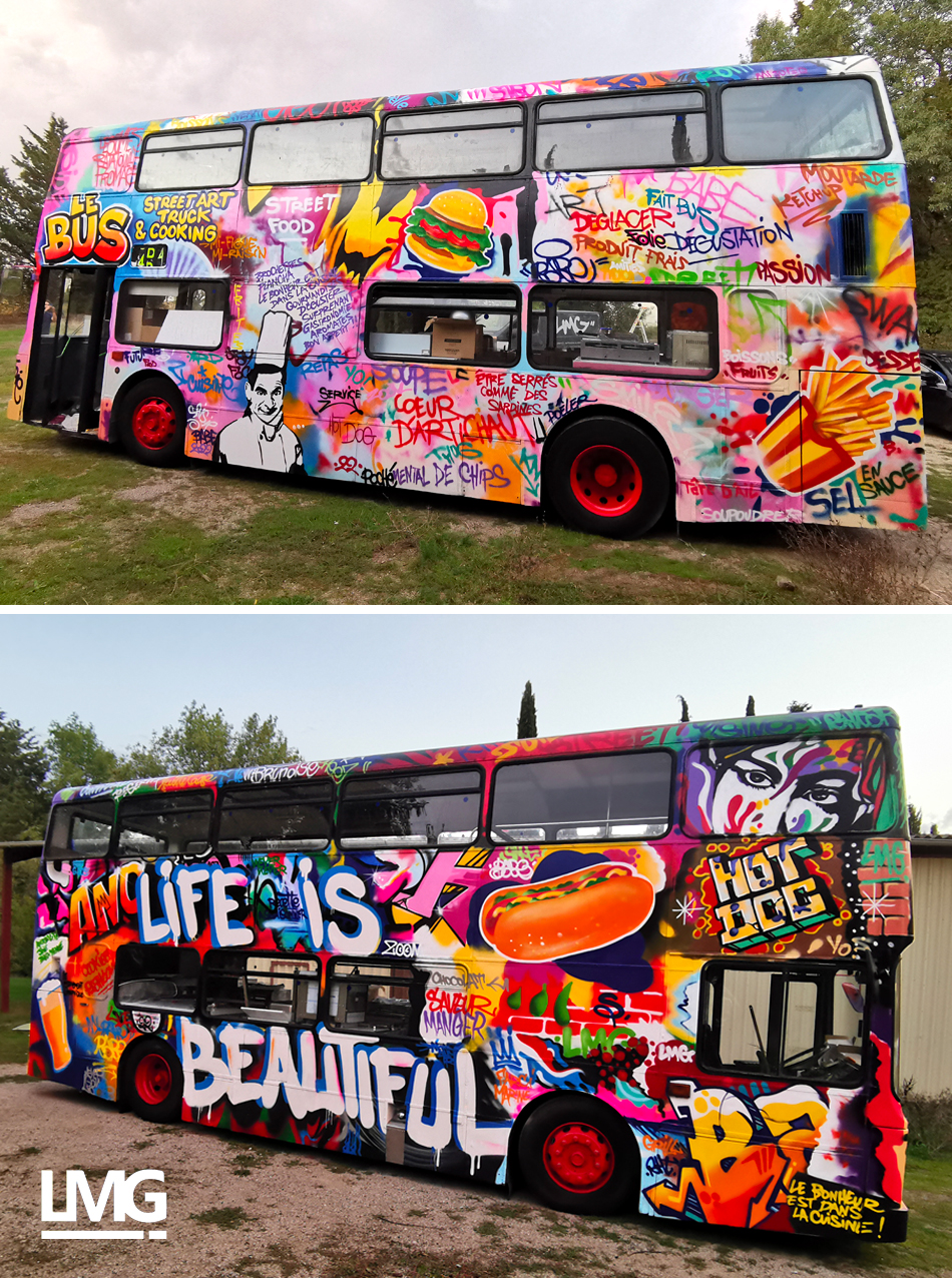 decoration street art artiste graffeur graffiti bus anglais